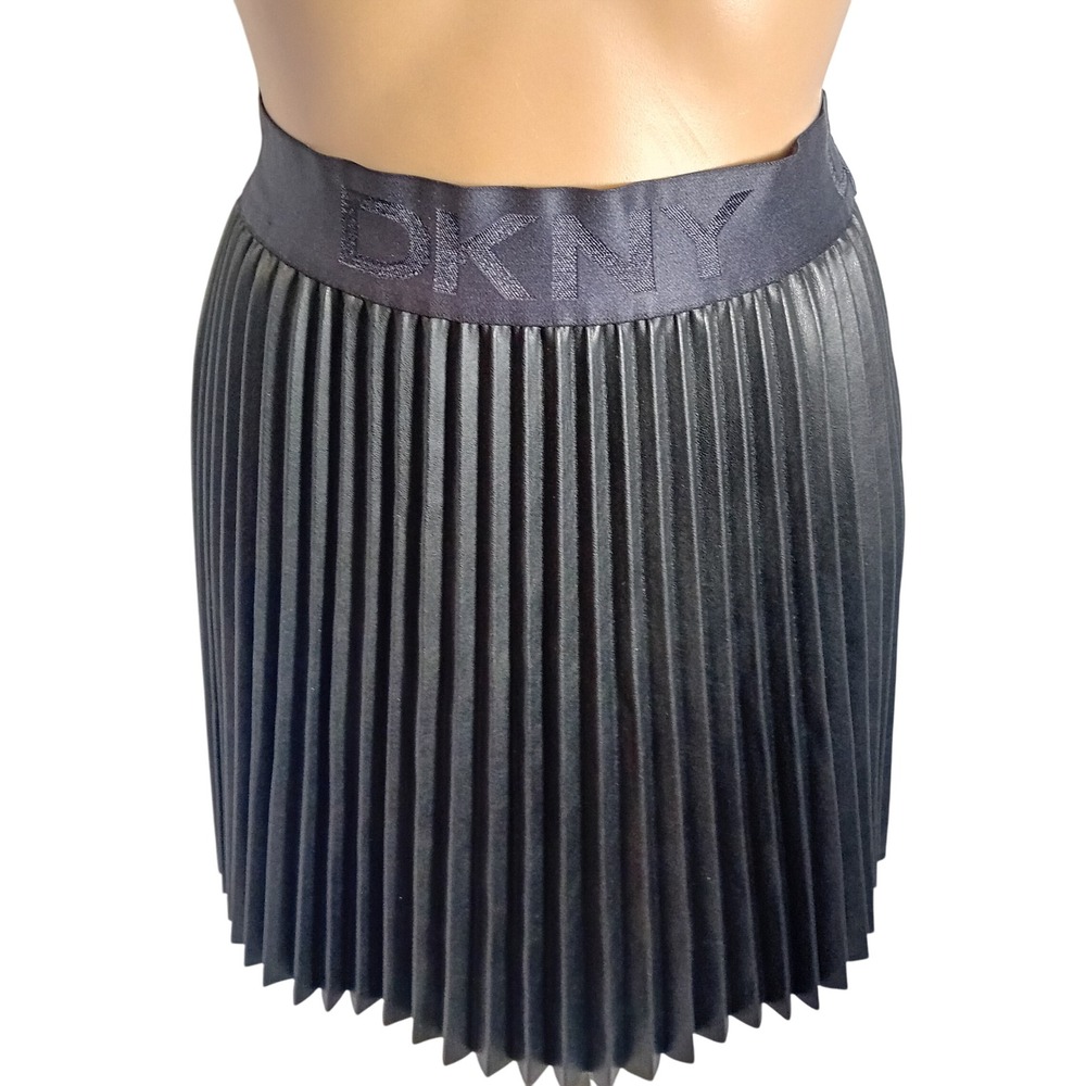 DKNY Faux Leather Pleated Elastic Waist Comfy Accordion Skirt Career Going Out S